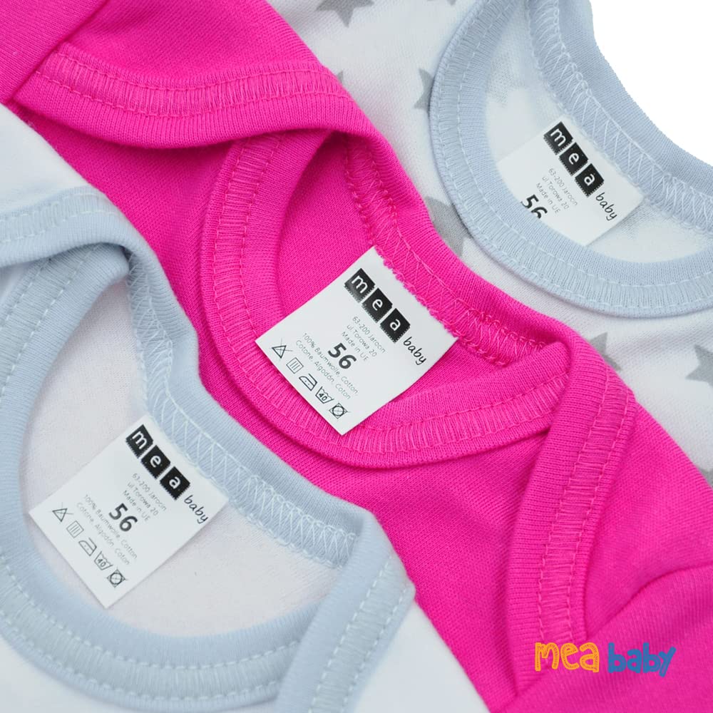 MEA BABY 5er Pack Baby Kurzarm-Body für Mädchen & Jungen aus 100% Baumwolle, Babybody Set mit Motiv und Druckknöpfen, atmungsaktiver Einteiler mit Schlupfkragen, ideale Erstausstattung