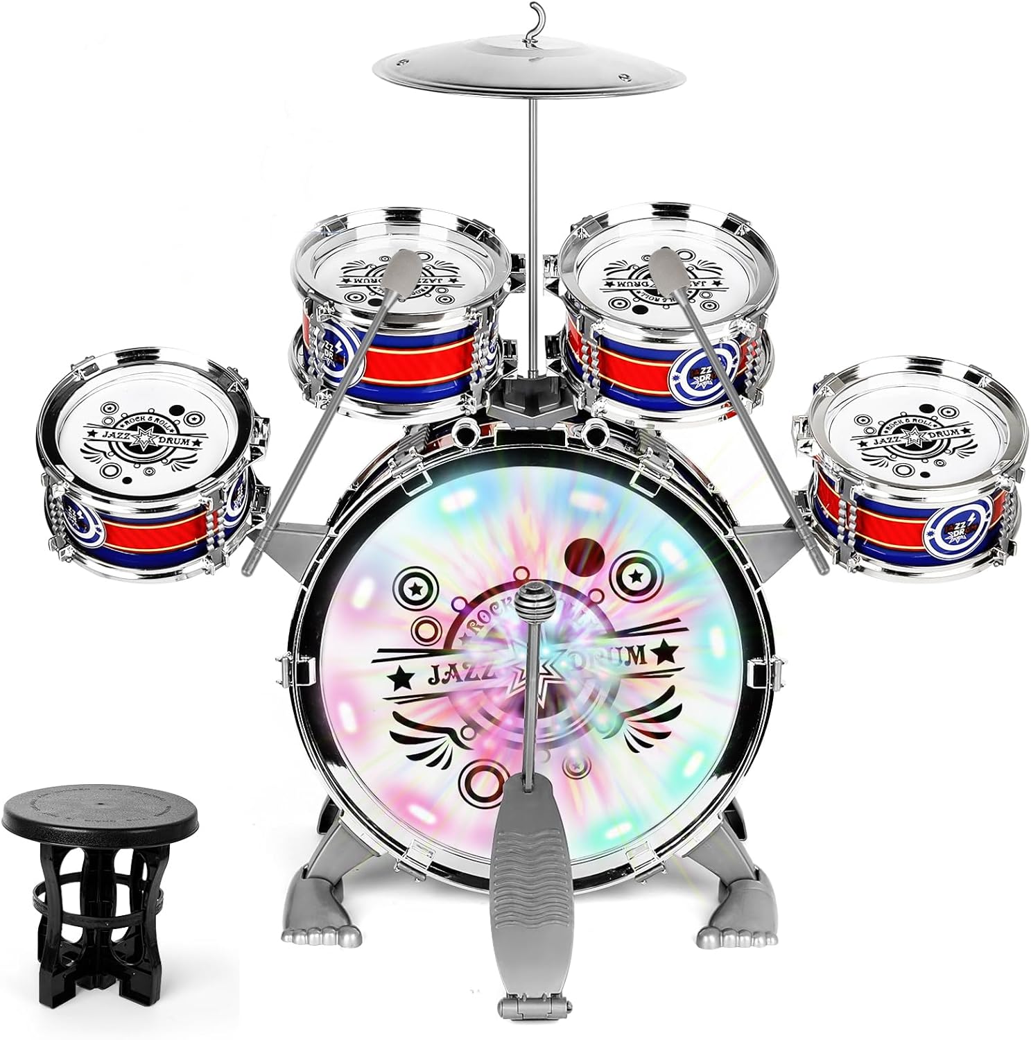 Kids Drum Set for Toddlers 1–3, Light-Up 5pcs Beginner Drum Set with Stool & Cymbal, Musical Drums Toy for Boys Girls Ages 2–5 Birthday
