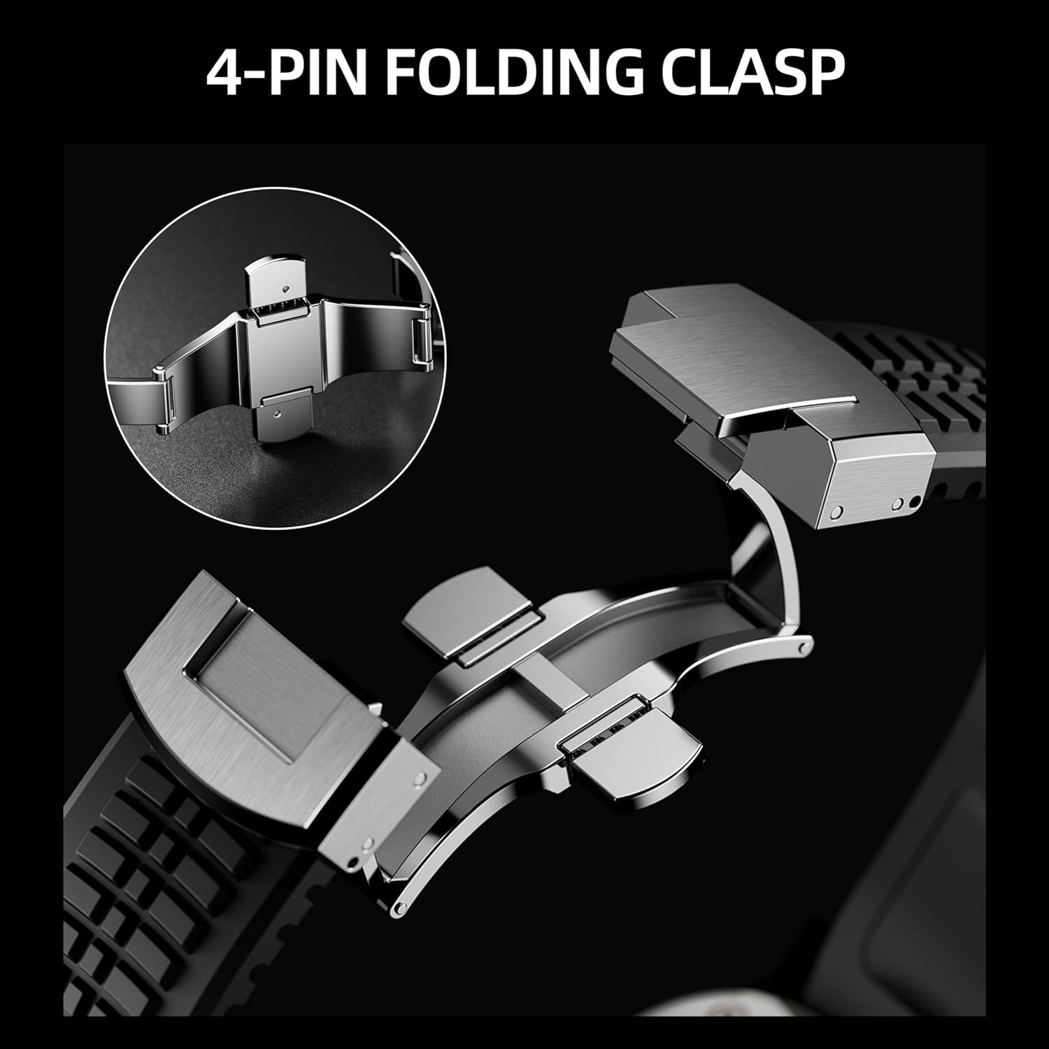 Silicone Sport Band Compatible with Apple Watch Ultra 3/2/1 Band 49mm 46mm 45mm 44mm, Rugged Heavy Duty Bands with Stainless Steel Folding Buckle Modern Design for iWatch Series 11 10 9 8 7 for Men (Black-Silver, 49mm/46mm/45mm/44mm/42mm(Series 3))