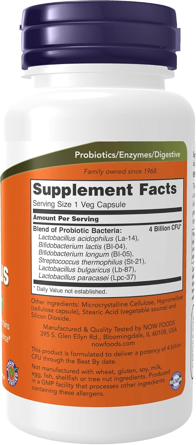 NOW Supplements, Acidophilus 4X6, 4 Billion Potency with 6 Probiotic Strains, Strain Verified, 120 Veg Capsules