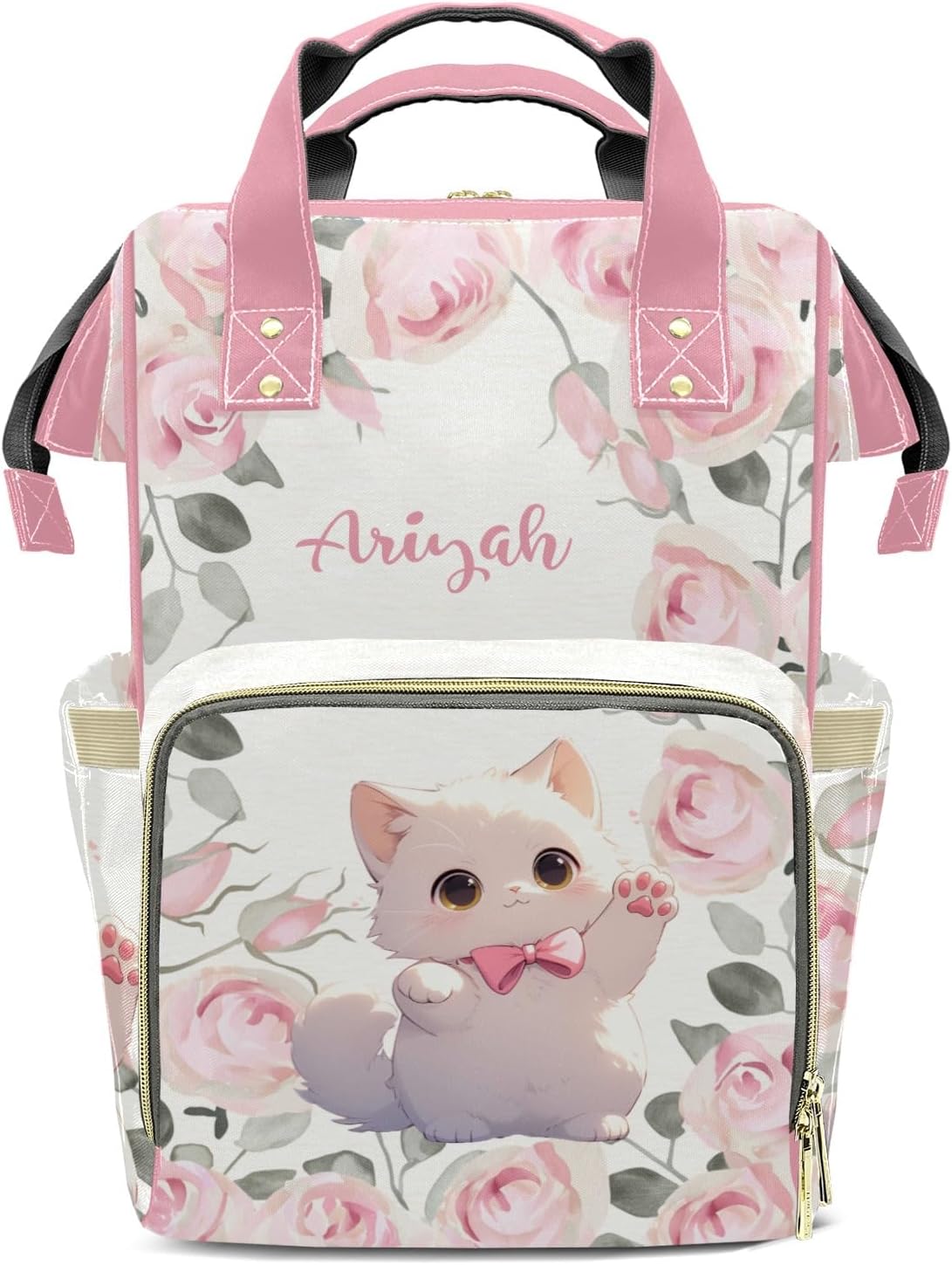 Custom Name Diaper Bag Backpack Gift Animal Cat Watercolor Floral Multifunction Travel Backpack Nappy Bag Daypack for Mom Dad Boy Girl