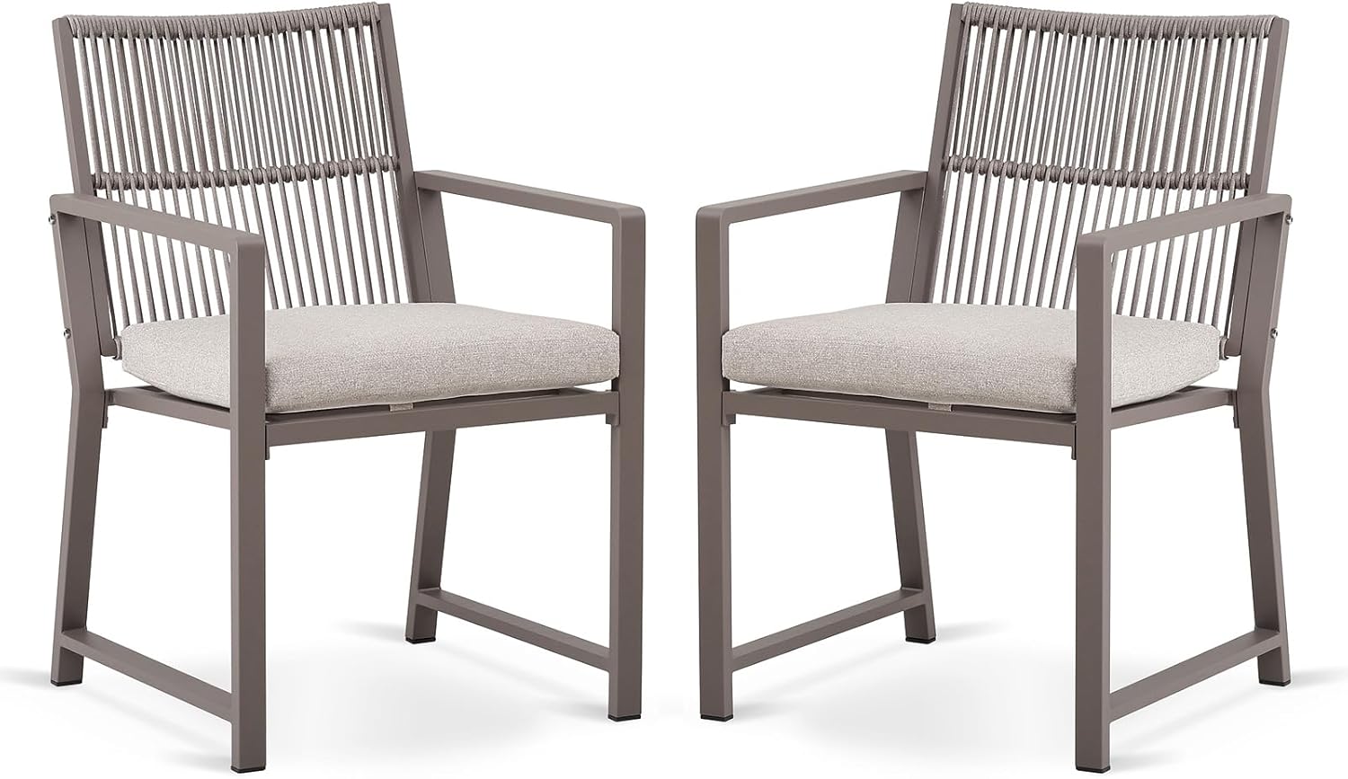 Outdoor Patio Wicker Rattan Dining Chairs, Heavy-Duty Wrought Iron Frame Supports 300lbs, Ergonomic Backrest, Detachable Breathable Cushion, for Garden & Porch, Light Brown, Set of 2