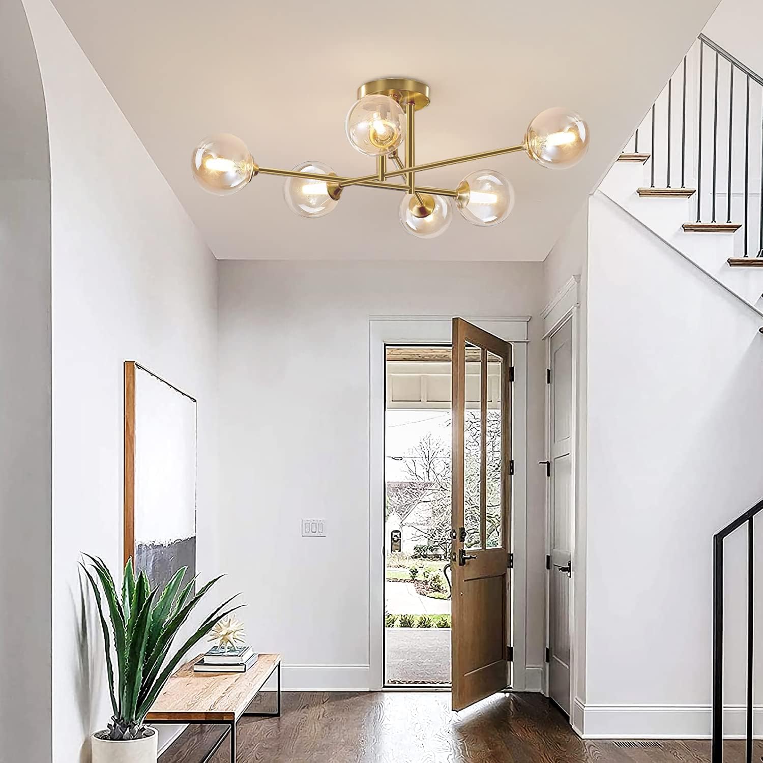 Mid Century Modern Gold Sputnik Flush Mount Ceiling Light Antique Brass Ceiling Lights 6 Light Amber Glass Chandelier Small Living Room Globe Ceiling Light