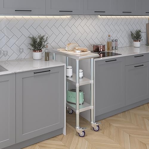 Miniatura 93 de AmGood Mesa de trabajo de acero inoxidable con 2 estantes y ruedas Mesa de trabajo de metal con ruedas