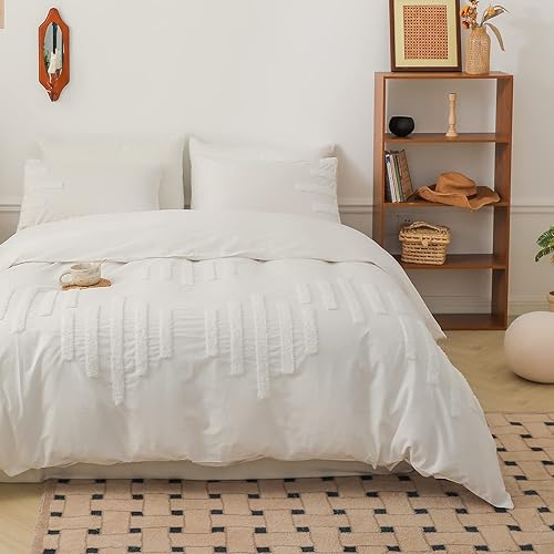 Simple&Opulence Juego de funda de edredón 100% algodón, estilo bohemio, copetudo, 3 piezas, bordado texturizado, 1 funda de edredón y 2 fundas de