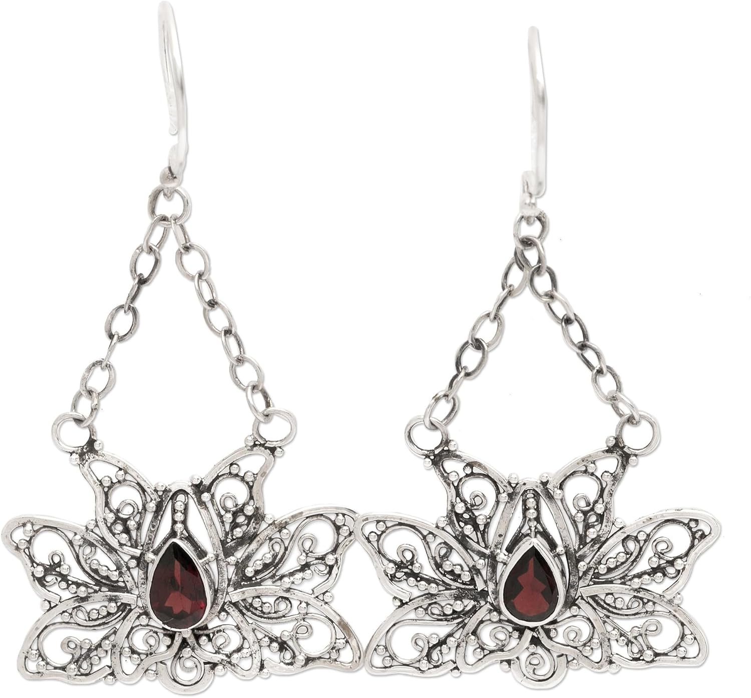 NOVICA Artisan Handmade Garnet Dangle Earrings Flower Sterling Silver Red Indonesia Floral Birthstone [1.9 in L x 1 in W x 0.2 in D] ' Treasured Lotus'