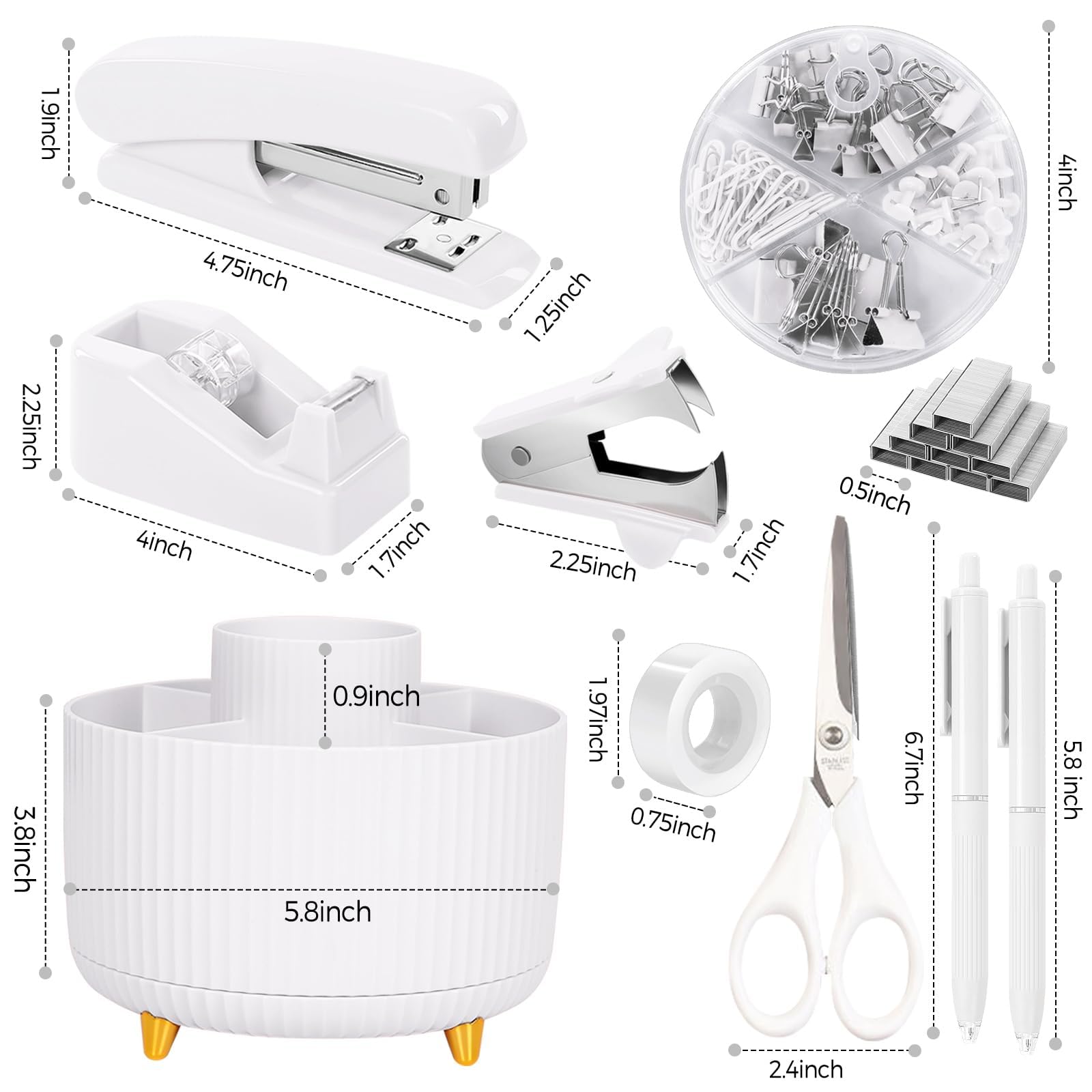 SKYDUE Juego de suministros de oficina blancos, accesorios de escritorio de oficina, 10 piezas, soporte para lápices, grapadora, dispensador de cinta, tijeras, regla, carpeta/clips de papel y 1000