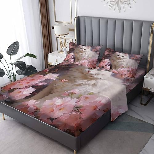 Cat Sheets Queen Sheet Set - Cute Kitten and Pink Floral Bed Sheets, Soft Microfiber & Deep Pocket & Wrinkle Free Patterned Bedding Sheets &