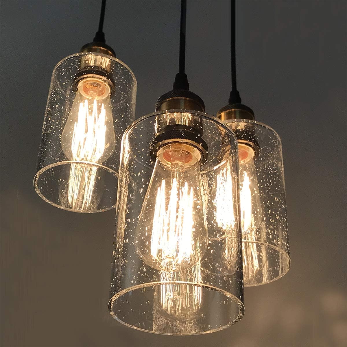 VILUXY 3-Light Black Pendant Light, Modern Farmhouse Seeded Glass Shade Cluster Chandelier Hanging Lamp Fixture for Dining Room Kitchen Island Entryway Black and Gold