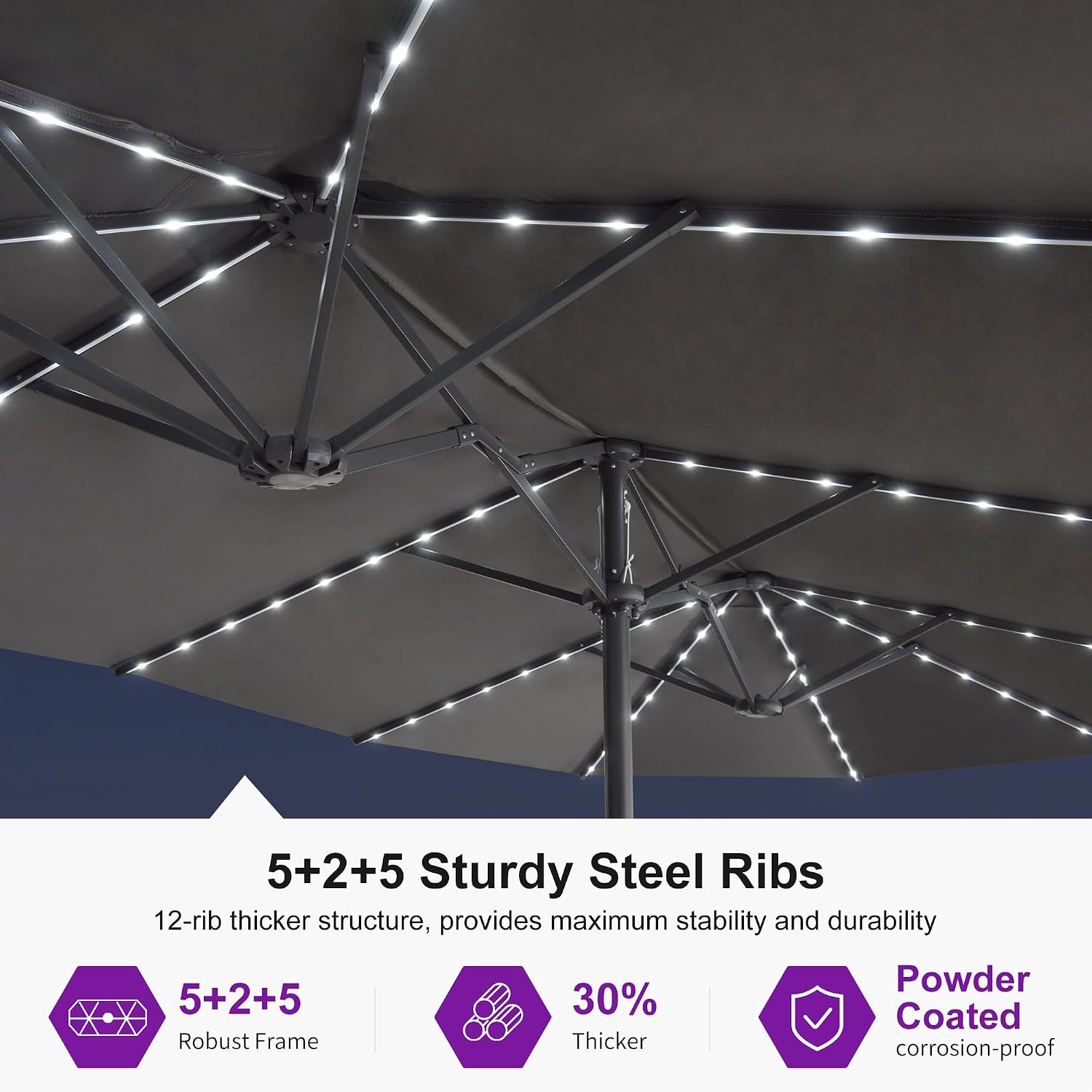PURPLE LEAF 13ft Double-Sided Patio Umbrella with Solar Lights Outdoor Market Umbrella with Base and Crank Handle Table Umbrella for Backyard Pool Garden Deck, Grey