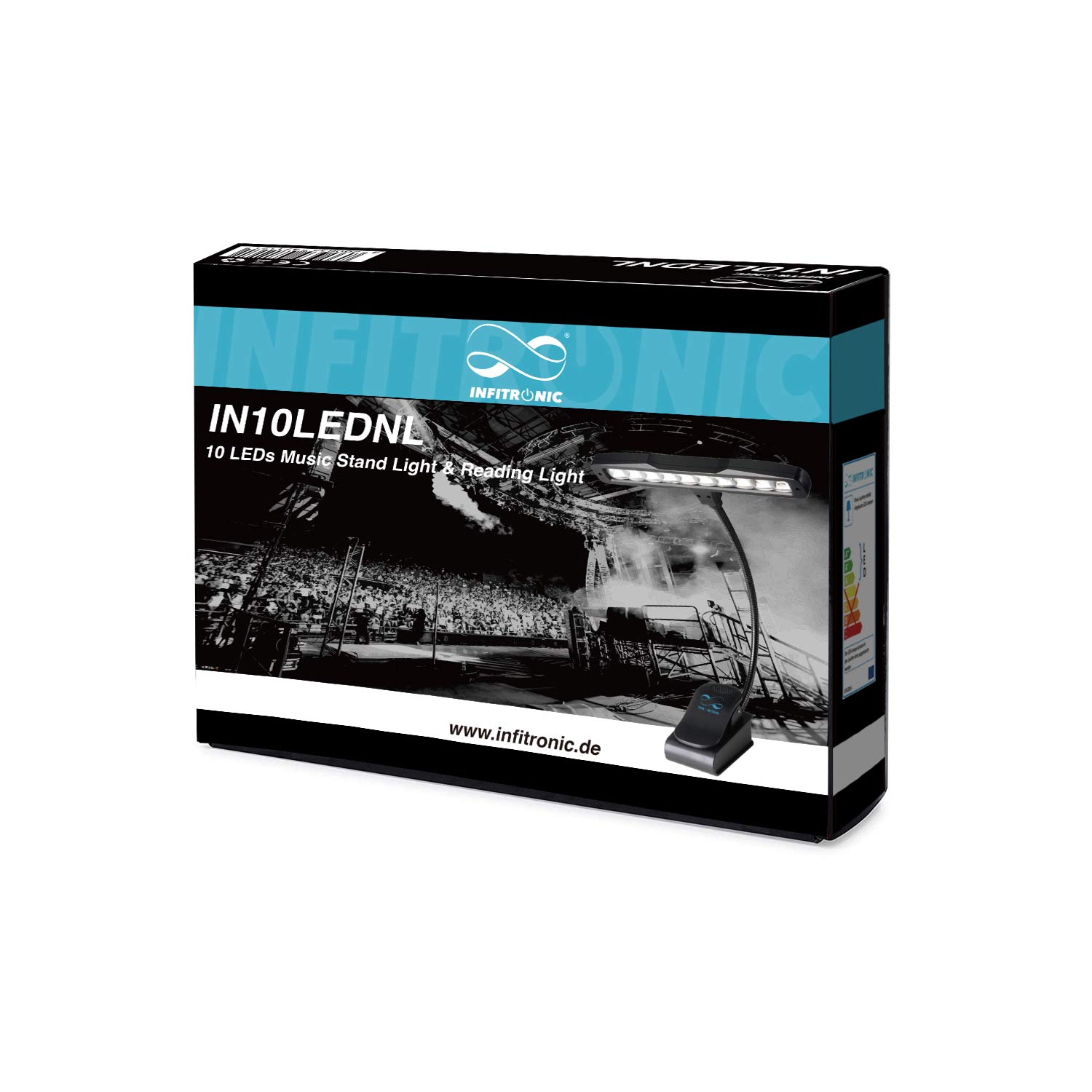 Infitronic IN10LEDNL – 10 LED lámpara para atril de partituras, lámpara de piano, lámpara de lectura, lámpara de pinza, 2 niveles de santidad, color negro