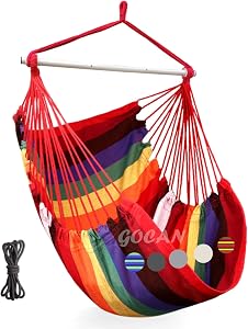 GOCAN Hammock Chair Large Hammock Swing, 100 x 135cm Load 150kg, Cotton Hammock Chair Metal Spread Bar Wide Seat Swing Chair(red)