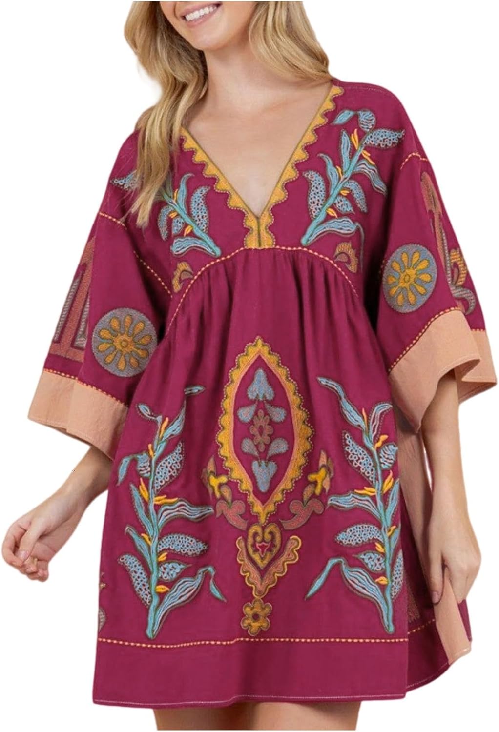 Damen Vintage Bohemian Kleid Mit Blumenmuster - 3/4 Ärmel V-Ausschnitt