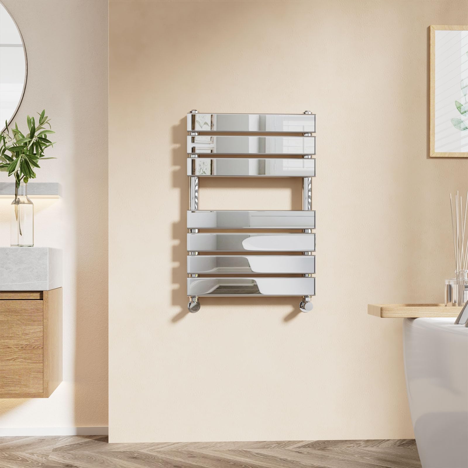 EMKE Flat Panel Heated Towel Rail Modern Design Bathroom Radiator Chrome Towel Radiator 650 x 450 mm Towels Warmer Versatile Floor/Wall Mounted Ladder Rad