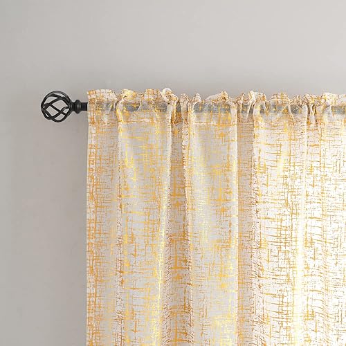 Miniatura 3 de Cortinas traslúcidas doradas y blancas para dormitorio, elegantes y geométricas de lámina dorada, cortinas transparentes brillantes para sala de