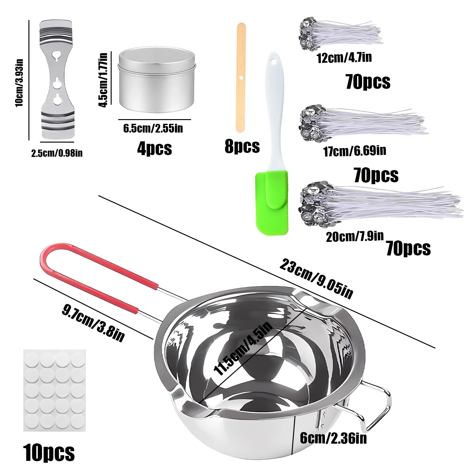 Kit Fabrication Bougies DIY | 210 Mèches + Porte-mèches + Pots + Casserole | Pour Cire Soja, Paraffine