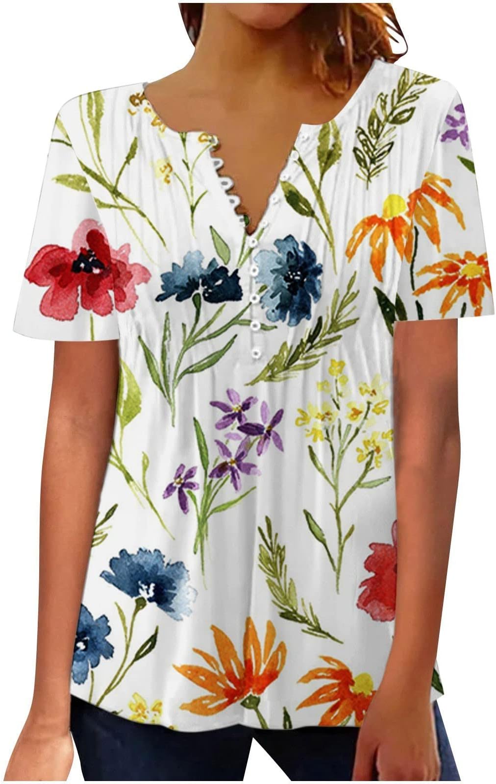Summer T Shirt for Womens 2024 Printed Button Down V Neck Tunic Tops Fashion Lace Short Sleeve Resort Wear Blouses