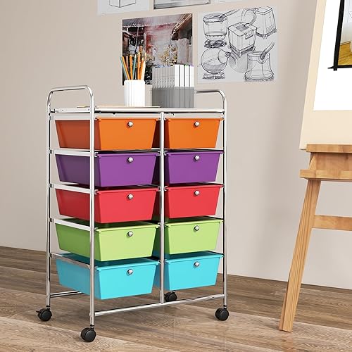 Vista 56 de GOFLAME Carrito de almacenamiento con ruedas de 10 cajones, organizador de almacenamiento de manualidades sobre ruedas, carrito multiusos móvil