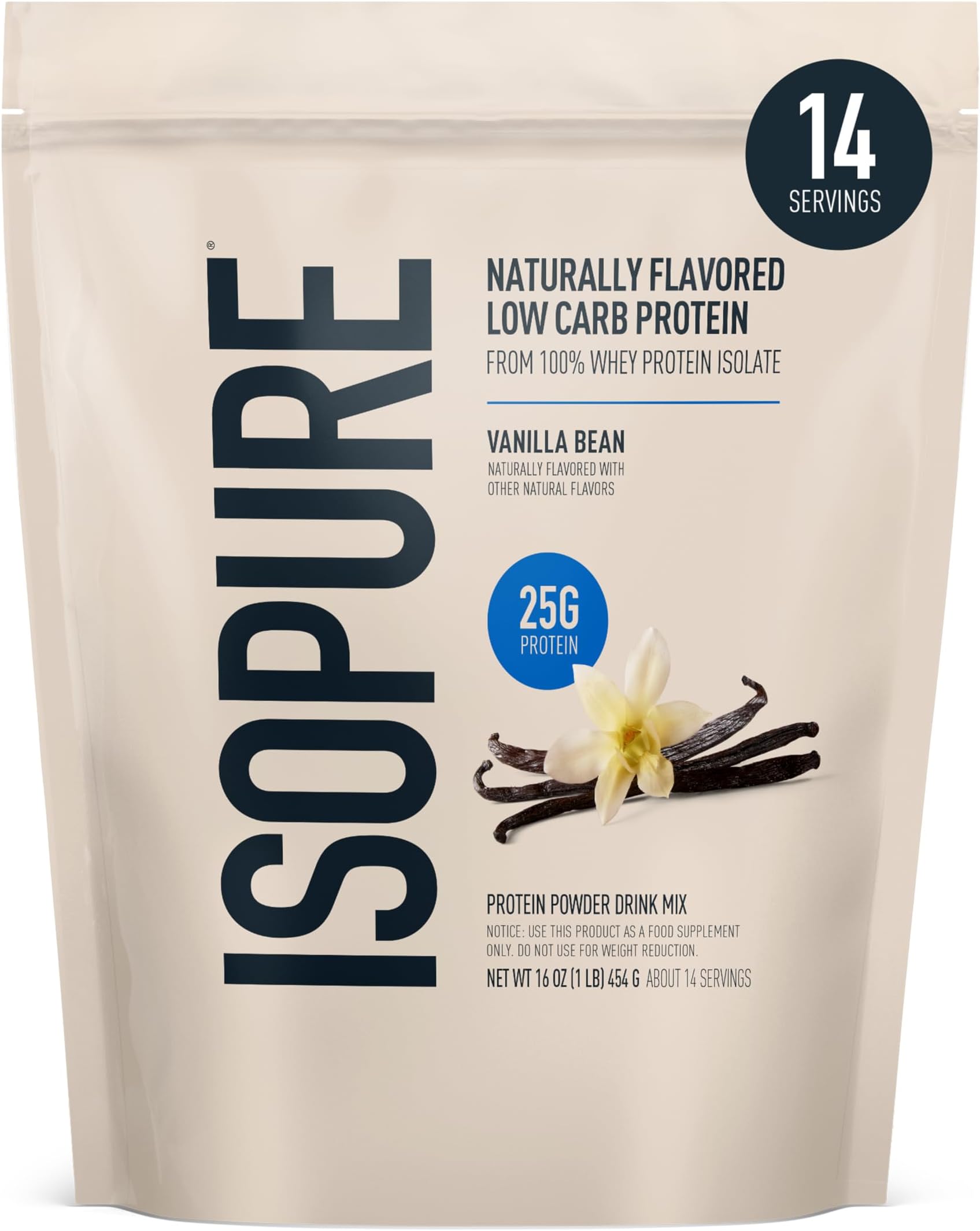 Low Carb 100% Pure Whey Isolate Protein Powder, Lactose Free, Gluten Free, With Vitamins, Vanilla Bean, 25g Protein Per Serving, 1 Lb, 14 Servings (Packaging May Vary)