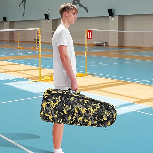 Miniatura 8 de Mochila de tenis de bádminton linda y resistente de camuflaje amarillo negro con 3 raquetas de bádminton para mujeres, hombres, adolescentes bolsos