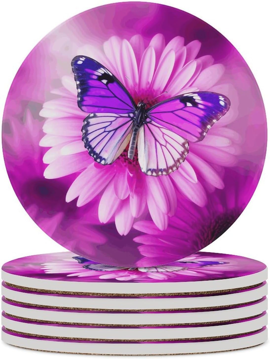 Purple Butterfly and Flower Coasters Round Coasters Set Ceramic Stone Coaster with Cork Base Coffee Cup Beverage Cup Mat Cute Funny Table Drinks Coaster for Mugs and Cups Office Kitchen