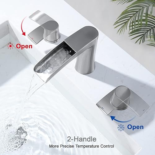 Miniatura 7 de Waterfall Bathroom Faucets with Drain - 2 Handles Bathroom Sink Faucet for 3 Holes Sink Brushed Nickel Widespread Bathroom Faucet with Pop Up Sink