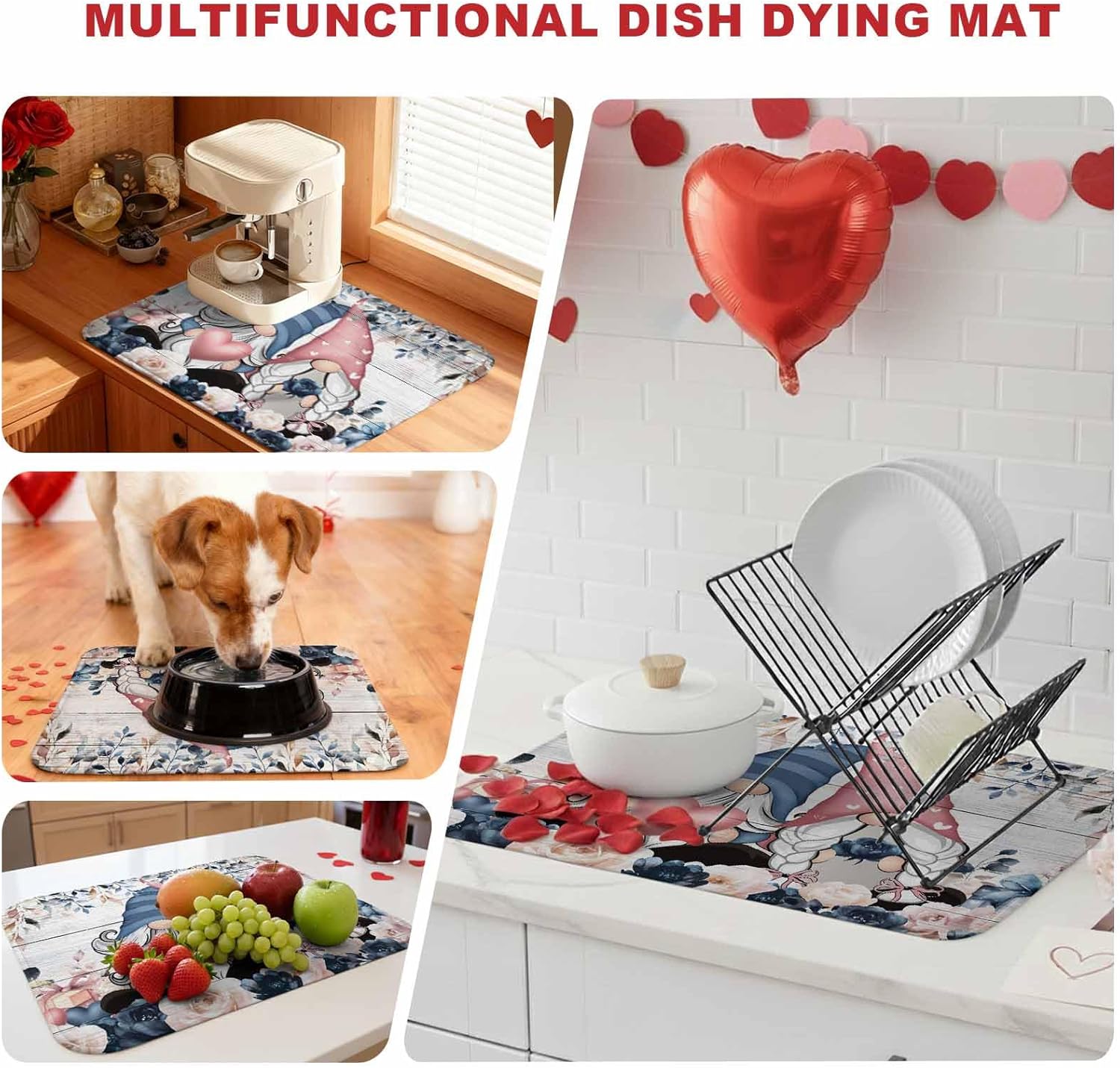 Valentine's Day Dish Drying Mat 2 Pack, Dwarfs Black Pink Rose Love Heart Wood Grain Absorbent Heat Insulating Kitchen Drying Pad Drainer Mats for Sink Counter Pot Dishes 18 X 24 Inch