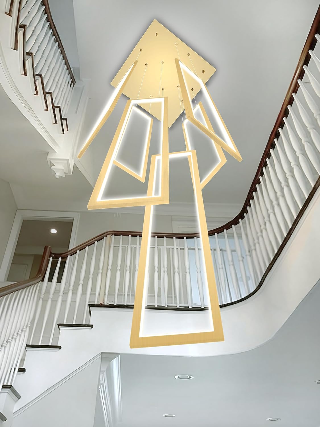 Flashing God Large Modern Chandeliers,Gold Chandelier with 6 Ring Led Foyer Chandeliers,High Ceiling Chandelier for Living Room,Rectangle Pendant Lights for Entryway Staircase LED Dimming 2700k-6001k