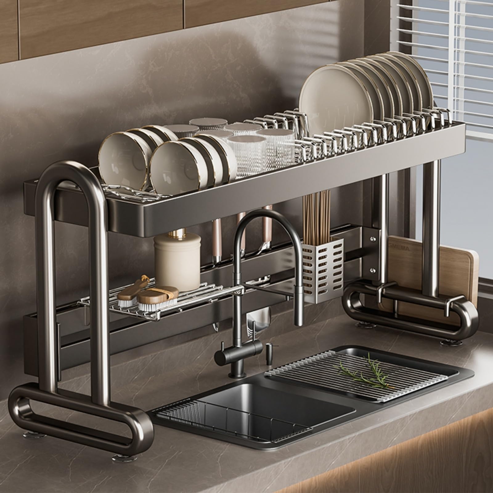 Escurridor de Platos con Soporte para Cubiertos, Amplio y Compacto, Ideal para la encimera de la Cocina. Apto para Platos, ollas, sartenes, etc.