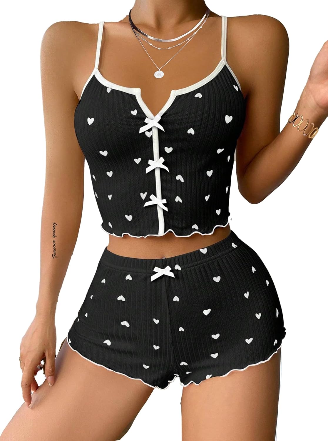Hilinker Womens Graphic Pajama Set Summer Cute Crop Cami and Shorts Ribbed 2 Piece Lounge Sets