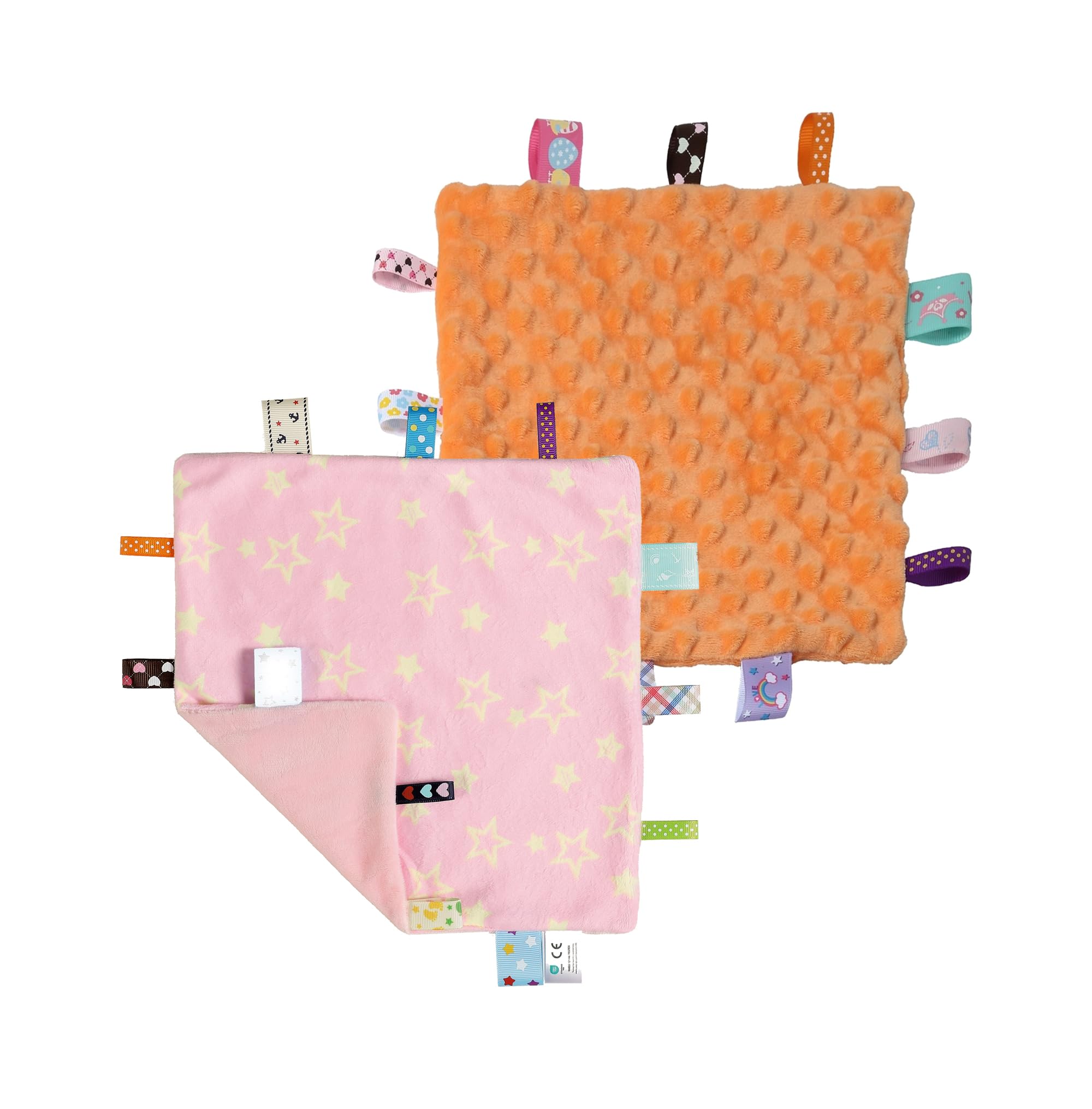 CREVENT Tag Security Blankets for Babies, Soft Small Loveys for Boys, Baby Comforter Sensory Blanket, Great Gifts for Birthday Baby Shower - 10"X10" Pink Star + Orange