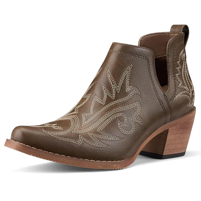 Rollda Cowboy Ankle Booties for Women Cowgirl Short Boots with Chunky Stack Heels V Cutout Ladies Western Booties