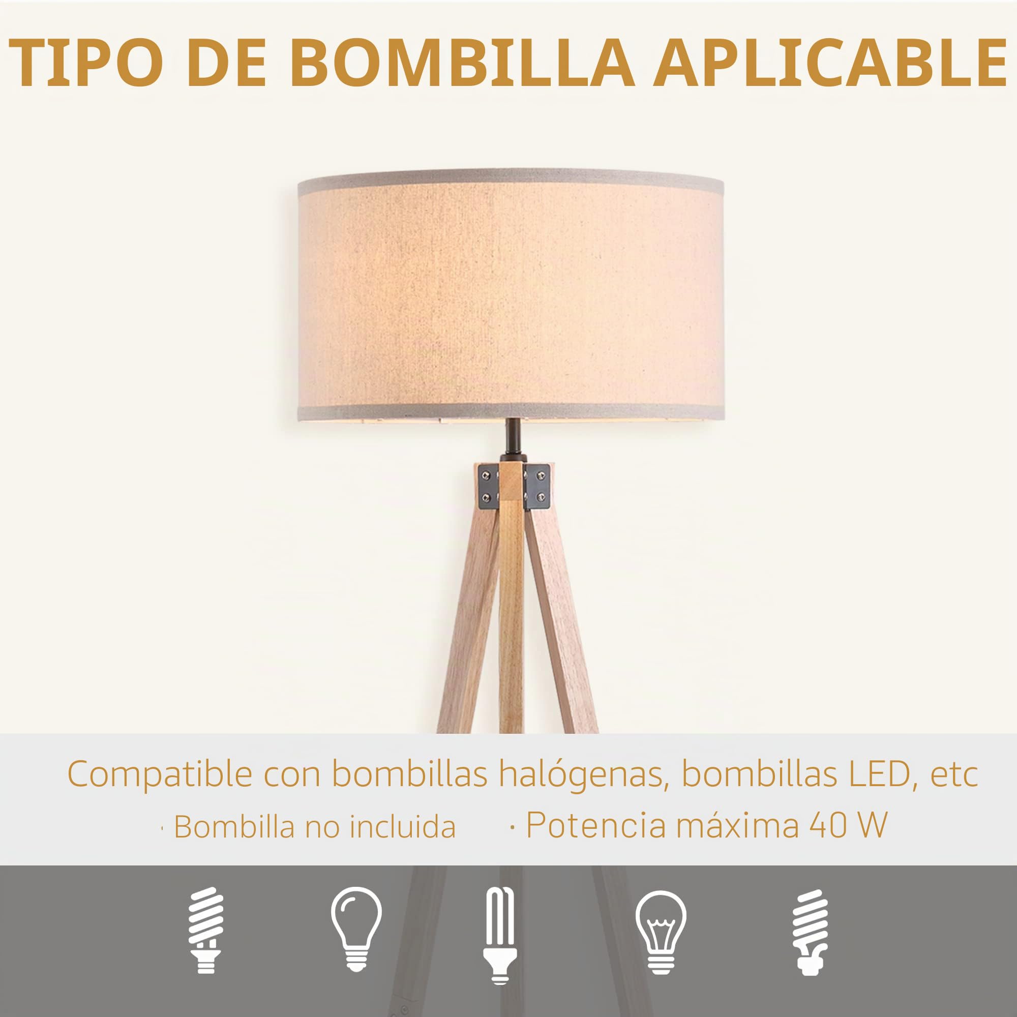 HOMCOM - Lámpara de pie trípode estilo escandinavo (40 W, máx. Dom. 45 x 45 x 152 cm. Madera de pino lino beige