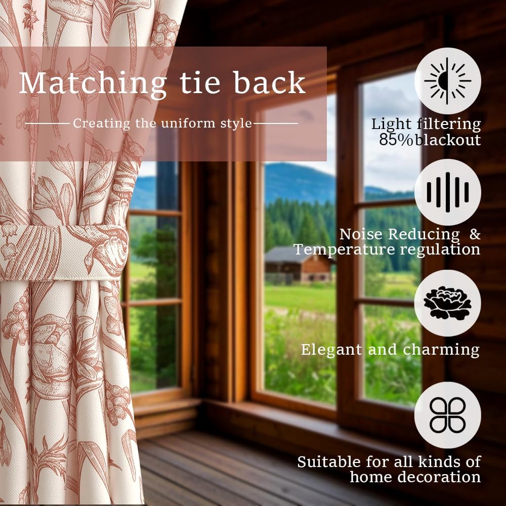 Autum Dream Blackout Curtains 2 Panels Chenille Curtains Drapes for Bedroom Back Tab Rod Pocket Poppy Floral Farmhouse Curtains for Living Room, Patio Doors,Orange Vintage Floral, 52" W x 84" L