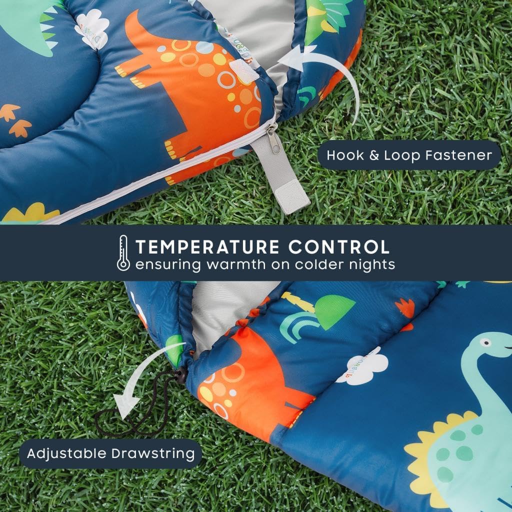 Wake In Cloud - Kids Sleeping Bag for Boys Toddlers, Camping in Warm Cold Weather, Backpacking Lightweight Compact Outdoor Liner for 3 Seasons, Cartoon Jurassic Dinosaur