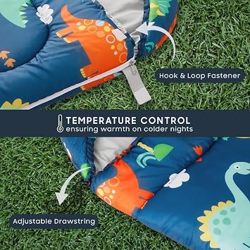 Wake In Cloud - Kids Sleeping Bag for Boys Toddlers, Camping in Warm Cold Weather, Backpacking Lightweight Compact Outdoor Liner for 3 Seasons, Cartoon Jurassic Dinosaur