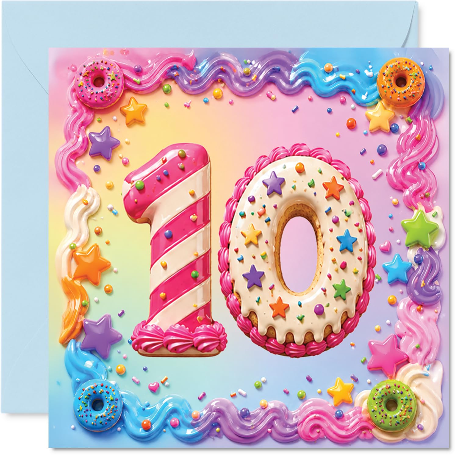 Playful 10th Birthday Card - Sprinkle-tastic Double Doughnut Delight - Colourful Number 10 with Stars and Party Confetti - 145mm Square, Envelope Included