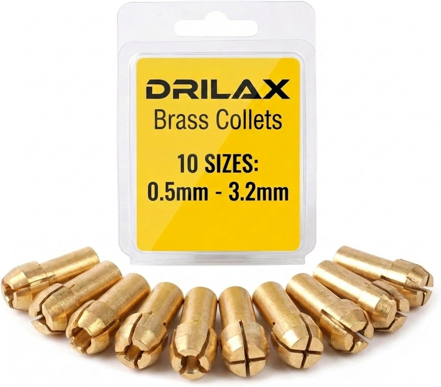 Drilax Brass Collet Set for Rotary Tool, 10 Pc 0.5mm to 3.2mm Sizes, 5/32 Inch Shank, Precision Fit for Micro Drill Bits Engraving Polishing Accessories