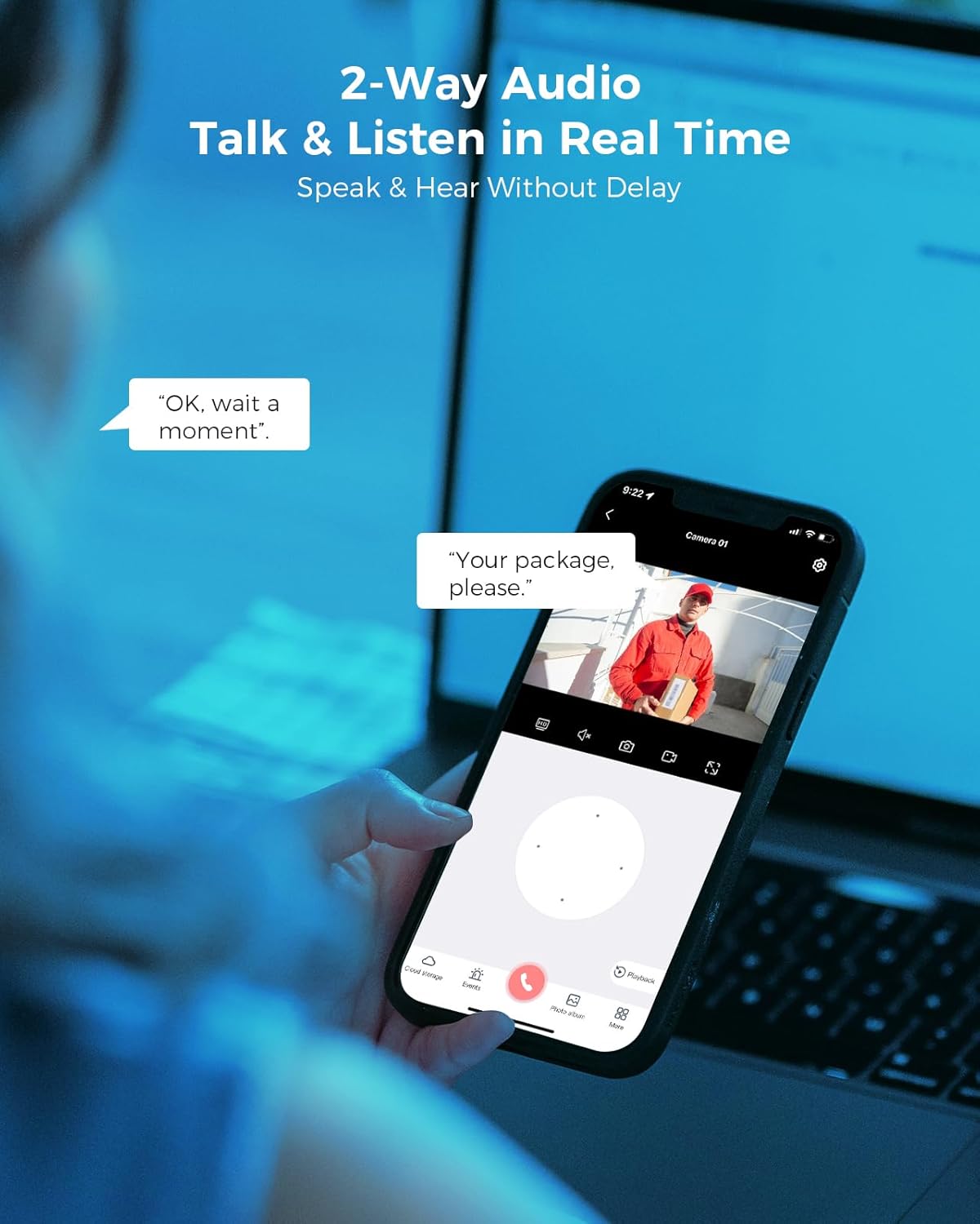 Person using a smartphone app to communicate via two-way audio with a delivery person