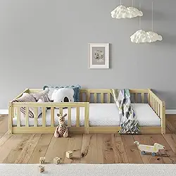 IDIMEX Cama Infantil de Madeira Solteiro Montessoriana de Chão com Grades Laterais de Proteção Gustavo cor Natural