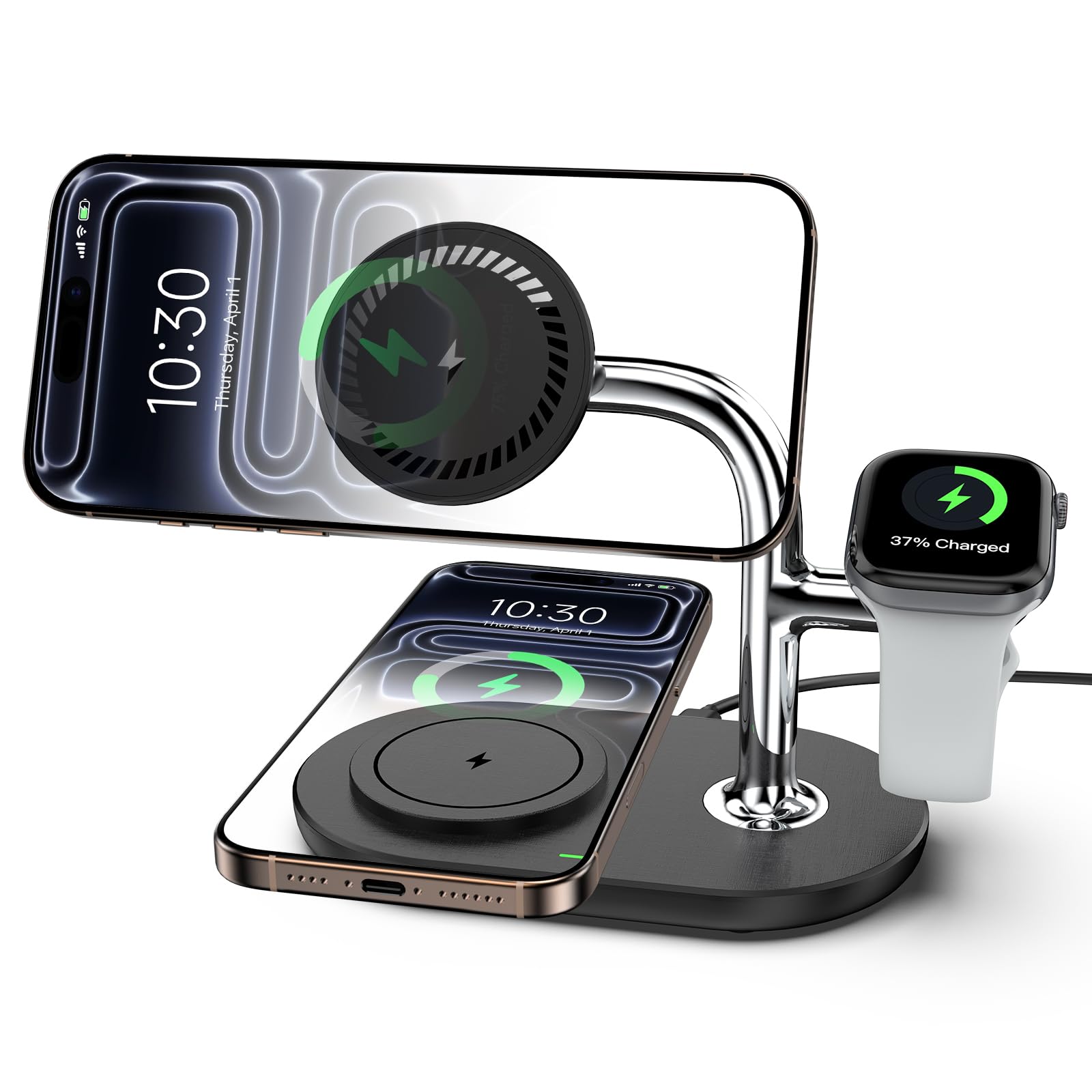 Dual Mag Safe Charger Stand for iPhone 16 Pro Max, 3 in 1 Magnetic Wireless Charger for iPhone 15/14/13, Apple Watch Charger Stand for iWatch, Apple Charging Station for AirPods 4 3 Pro