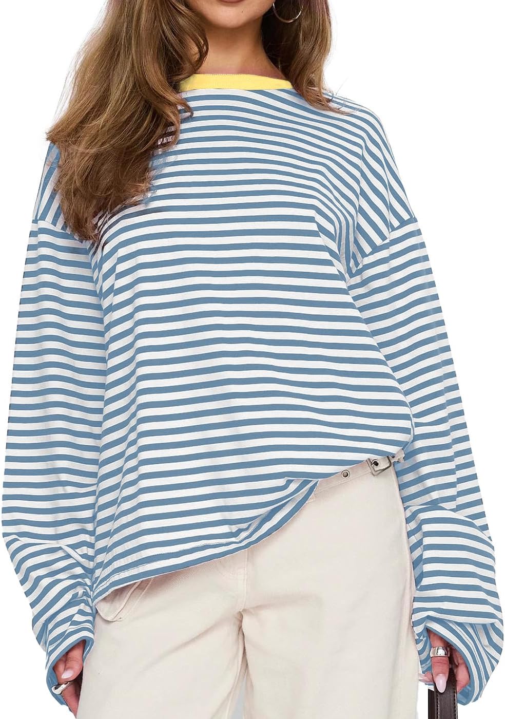 Lacozy Womens Striped Sweatshirt Oversized Crew Neck Color Block Long Sleeve Shirt Loose Fit Tops Fall Fashion