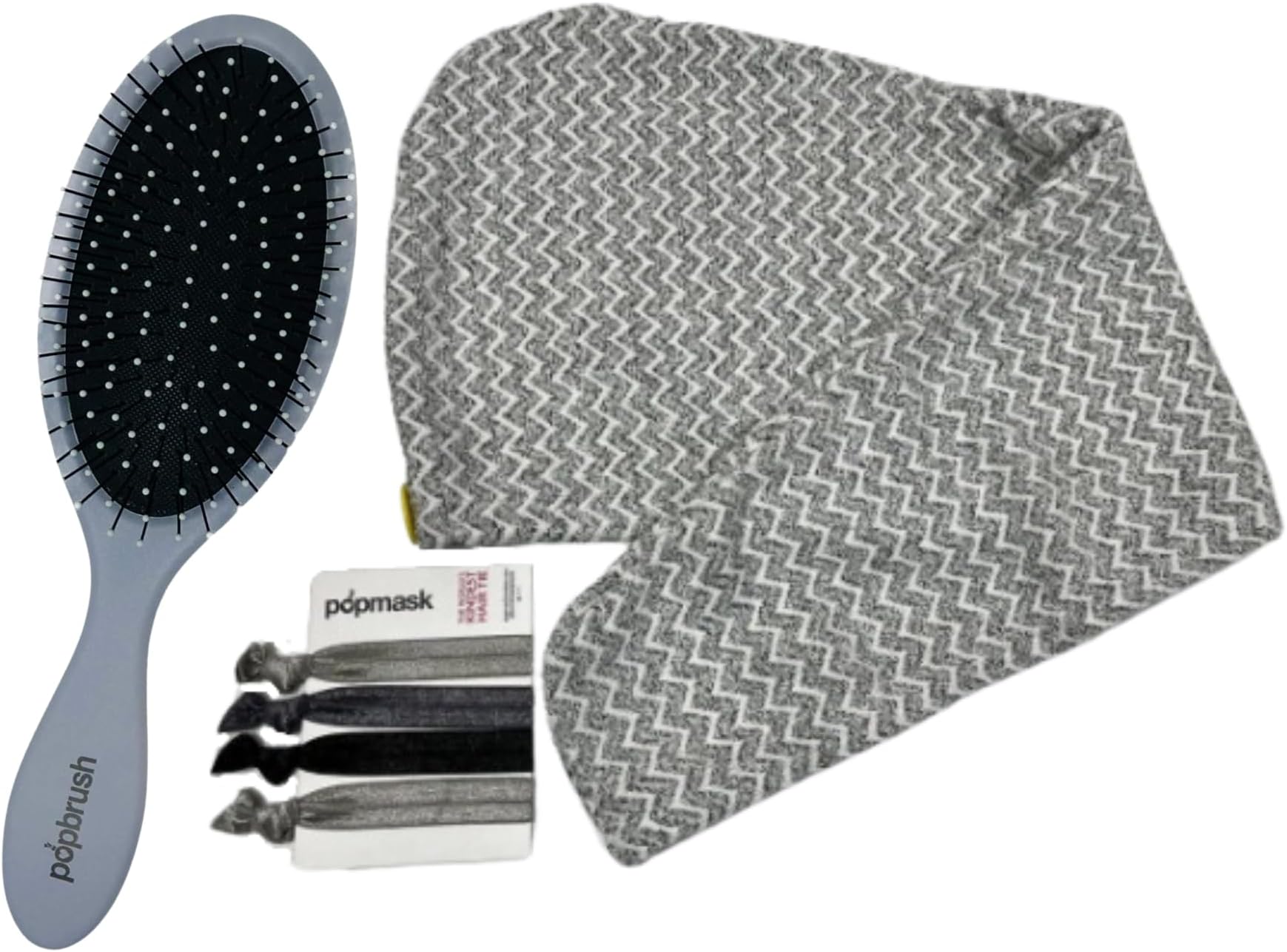 Popband 'Love Your Hair' Ultimate Hair Set with Detangling Hair Brush, Set of 5 No-Dent Hair Ties, & Chevron Spa Turban - Great for Wet or Dry Hair! (Grey)
