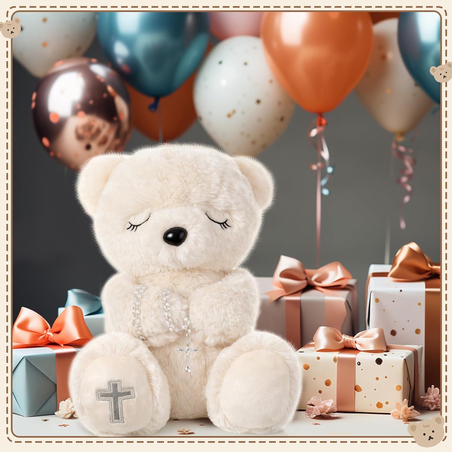 MiniInflat Blessed Plush Bear 10 Inches with Rosary Set Dedication and Baptism Gifts for Girl Boy First Communion Catholic Christening Gifts for Girls Plush Toy Praying Plush Animal, Bear