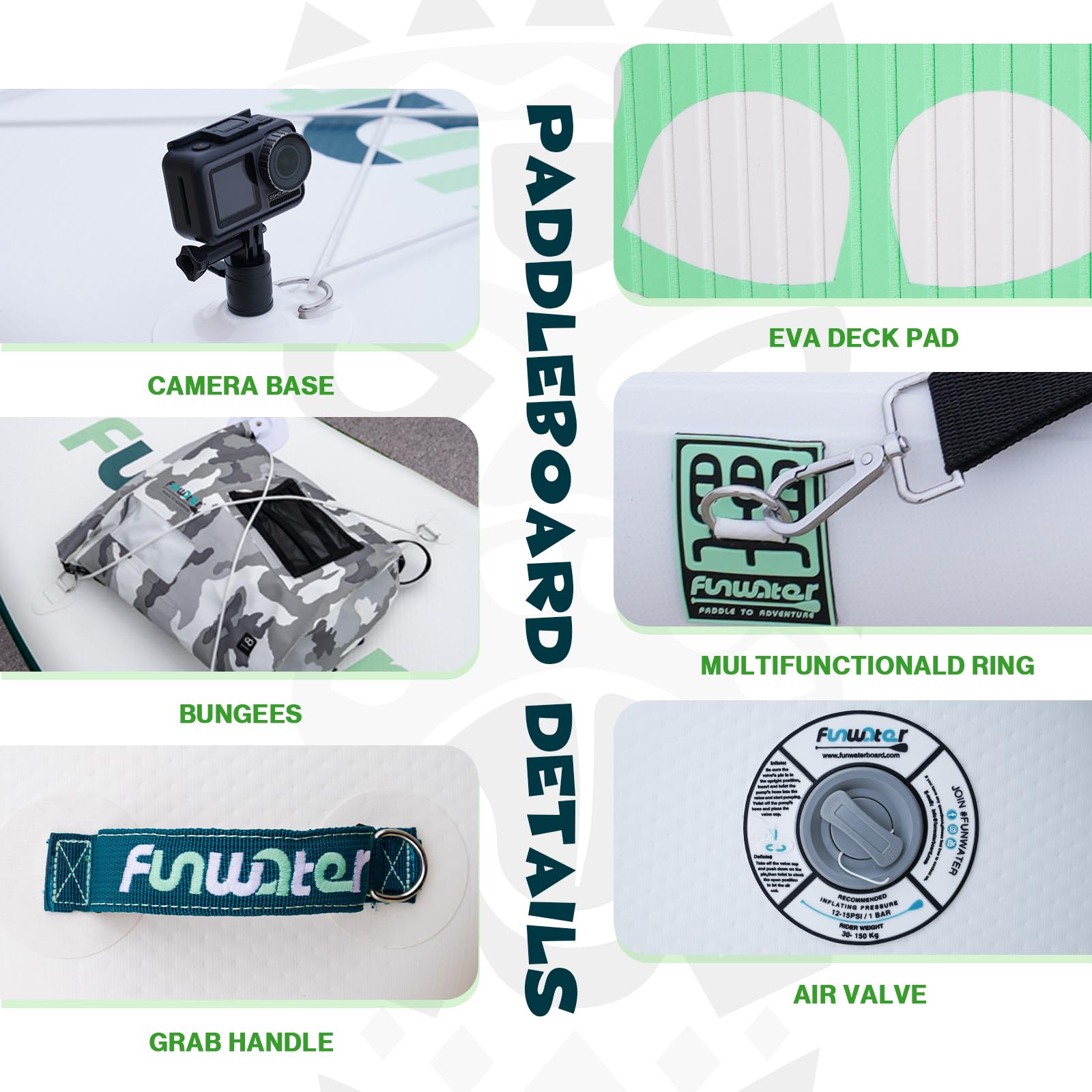 FunWater SUP Gonfiabile Stand Up Paddle Board Tavole da SUP Gonfiabili Adulti Tavola da Surf con Accessori Pompa a Mano,Pagaia,3 Pinne