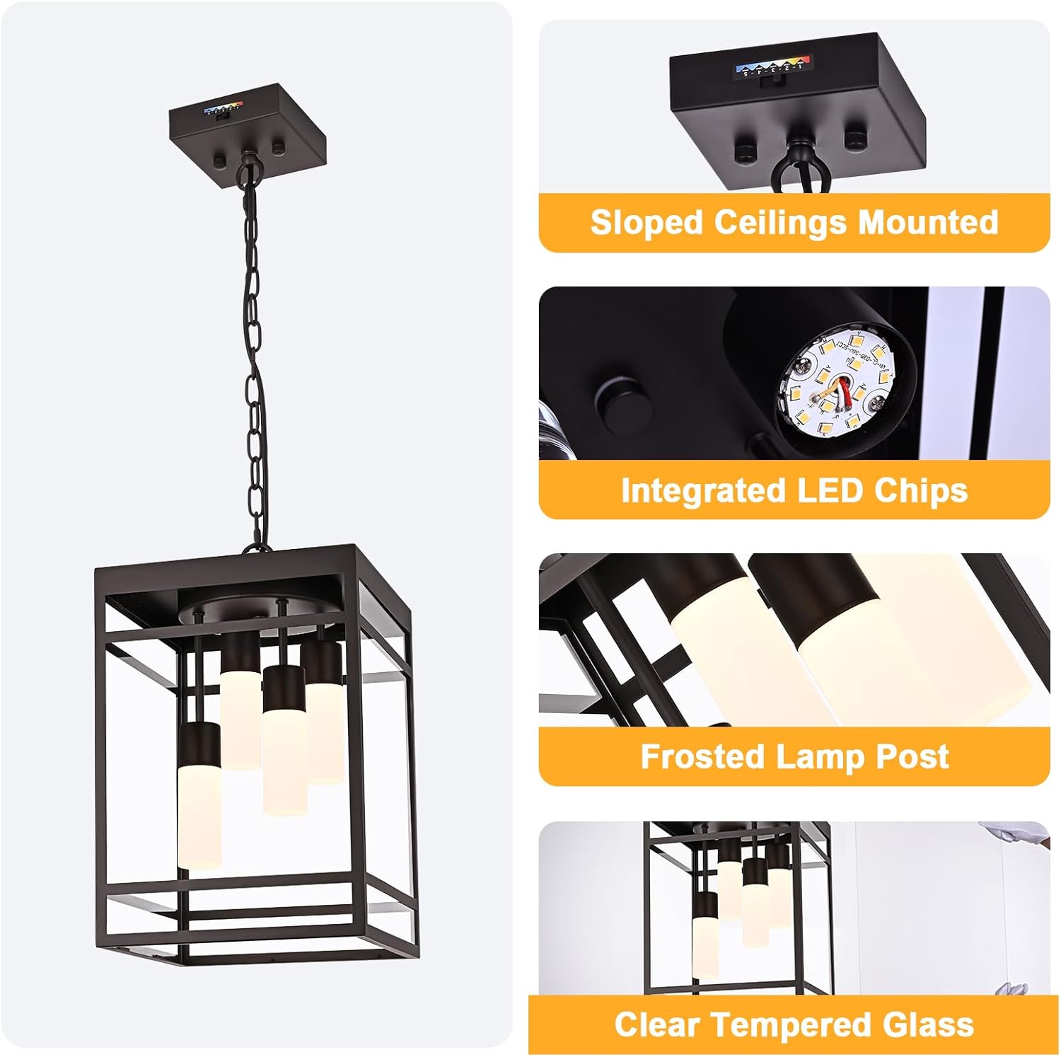 Large 4-Light 5CCT LED Outdoor Pendant Porch Light Exterior, Oil Rubbed Bronze Outdoor Chandelier Exterior Hanging Pendant Porch Light Fixtures LED Integrated Included Bulbs for Entrance Patio