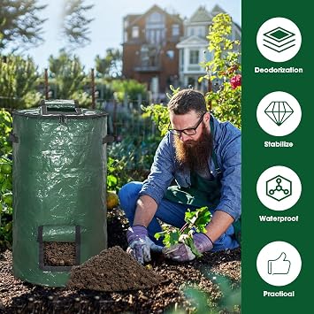 mizikuu Stand Up Composter, 120L Quick Composter with Lid and Environmental Reusable Compost Bag Plastic Container Compost Bag Garden Compost Bins Waste Bag Thermocomposte