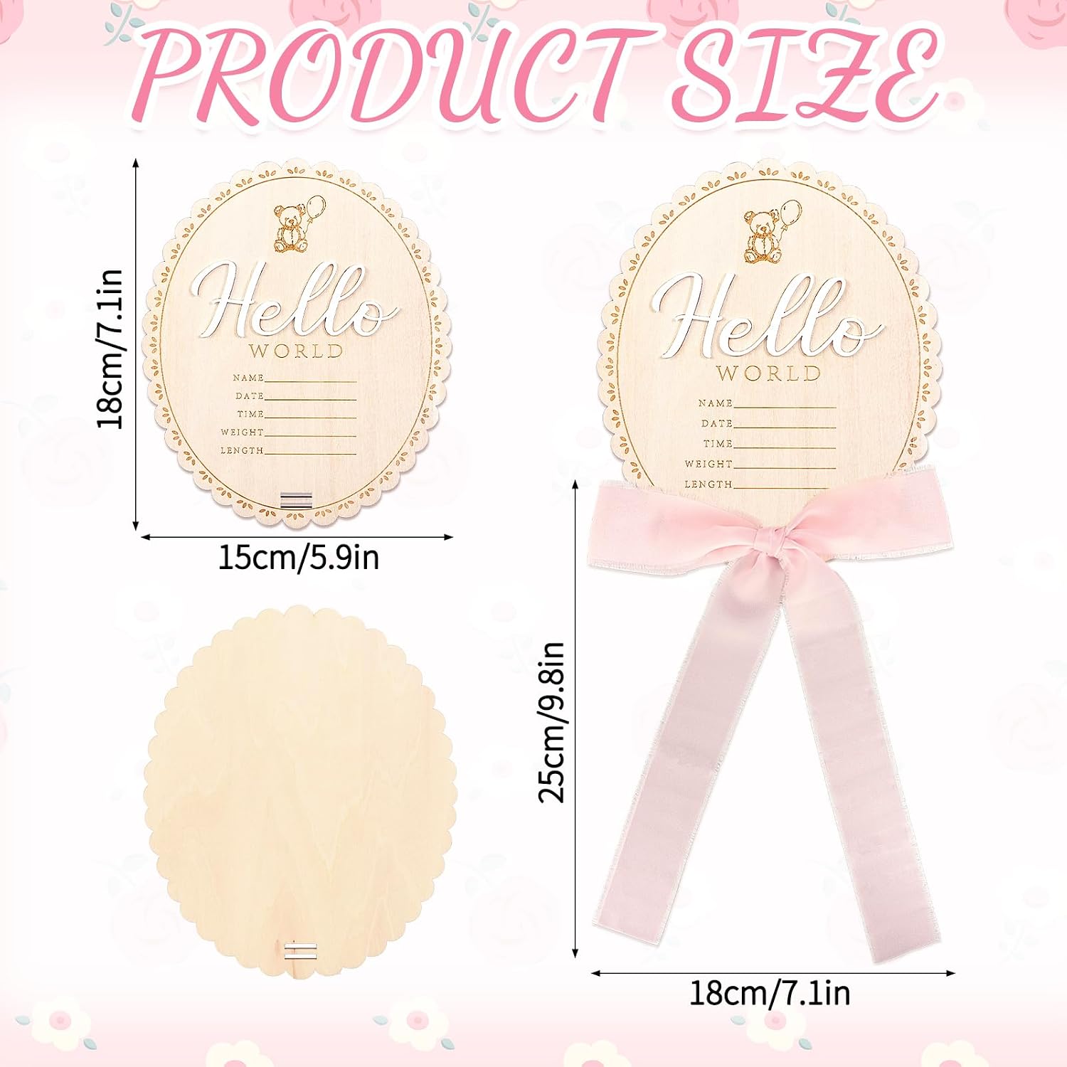 AnyDesign Bear Baby Announcement Sign Hello World Newborn Sign Scalloped Newborn Birth Wooden Board with Ribbon Bow Milestone Card for Birthday Baby Shower Photo Prop Keepsake