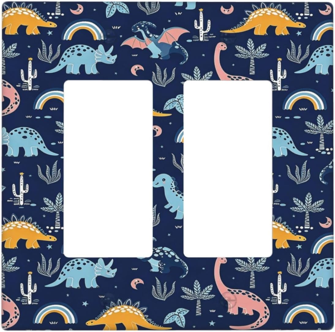 Decorative Outlet Covers Cute Navy Blue Dinosaur 2 Gang Light Switch Cover Plate Double Rocker Wall Plates for Electrical Switch Plate Covers for Nursery Homre Decor