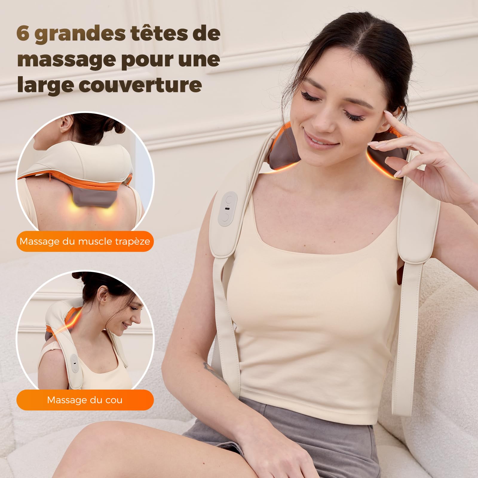 Appareil de massage du cou avec fonction chauffante, appareil de massage Shiatsu sans fil avec massage 4D des tissus profonds, pour les épaules, les jambes, les muscles du corps, soulagement